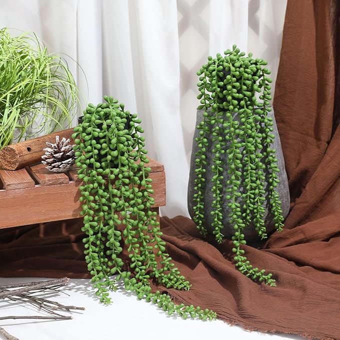 Floweroyal 2pcs Fake Hanging Plants Fake Potted String of Pearls Succulent Plants Small Faux Plants for Indoor Outdoor Shelf Wall Decor