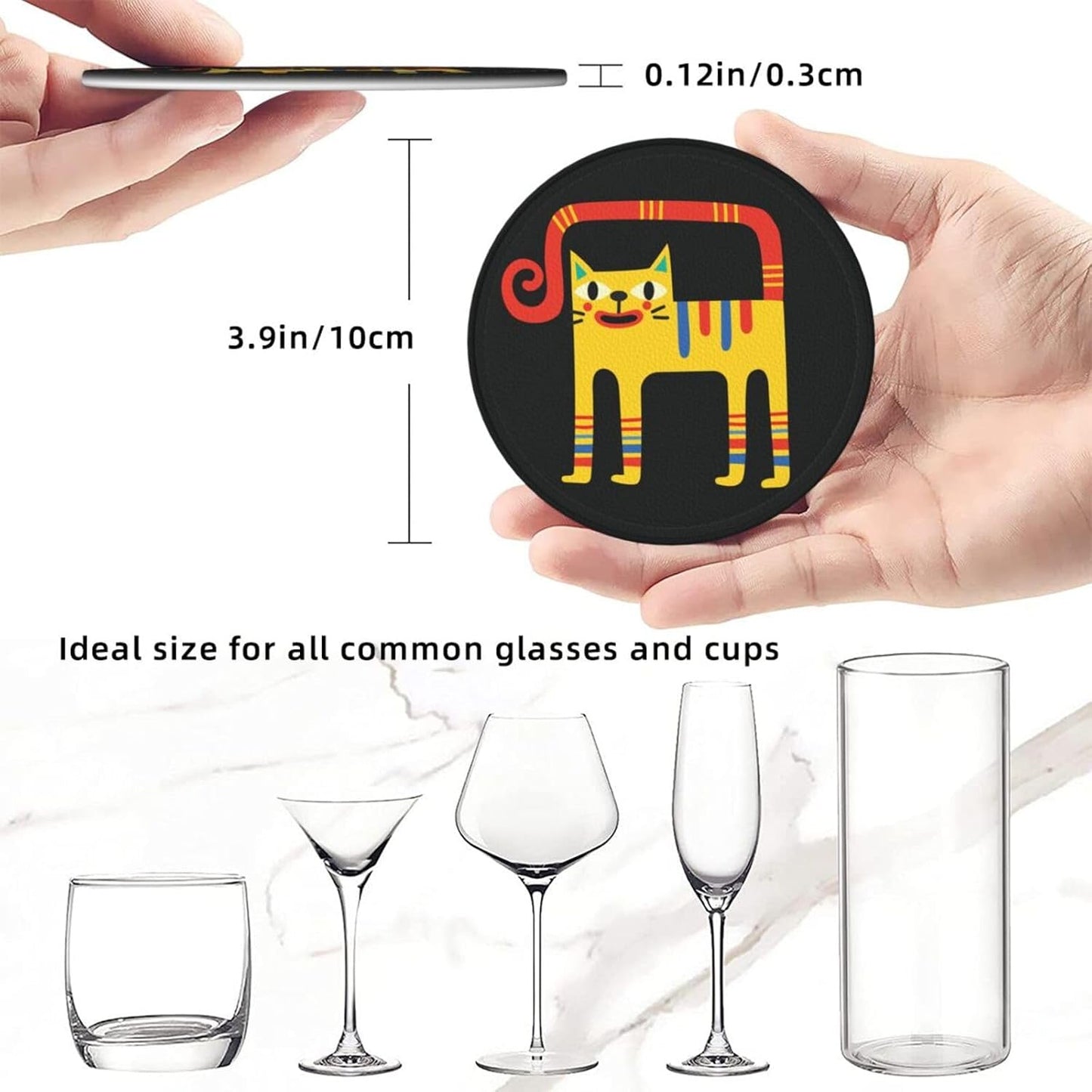 Cute Colorful Cat Leather Drink Coasters Set of 6 with Holder Round Cup Coaster for Table Decor