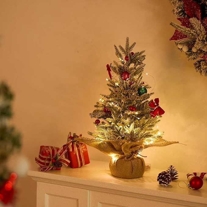 2 PCS Tabletop Christmas Tree, Small Flocked Xmas Tree Mini Artificial Pine Tree with Burlap Base for Desk Table Fireplace Mantel Decor 18 Inches