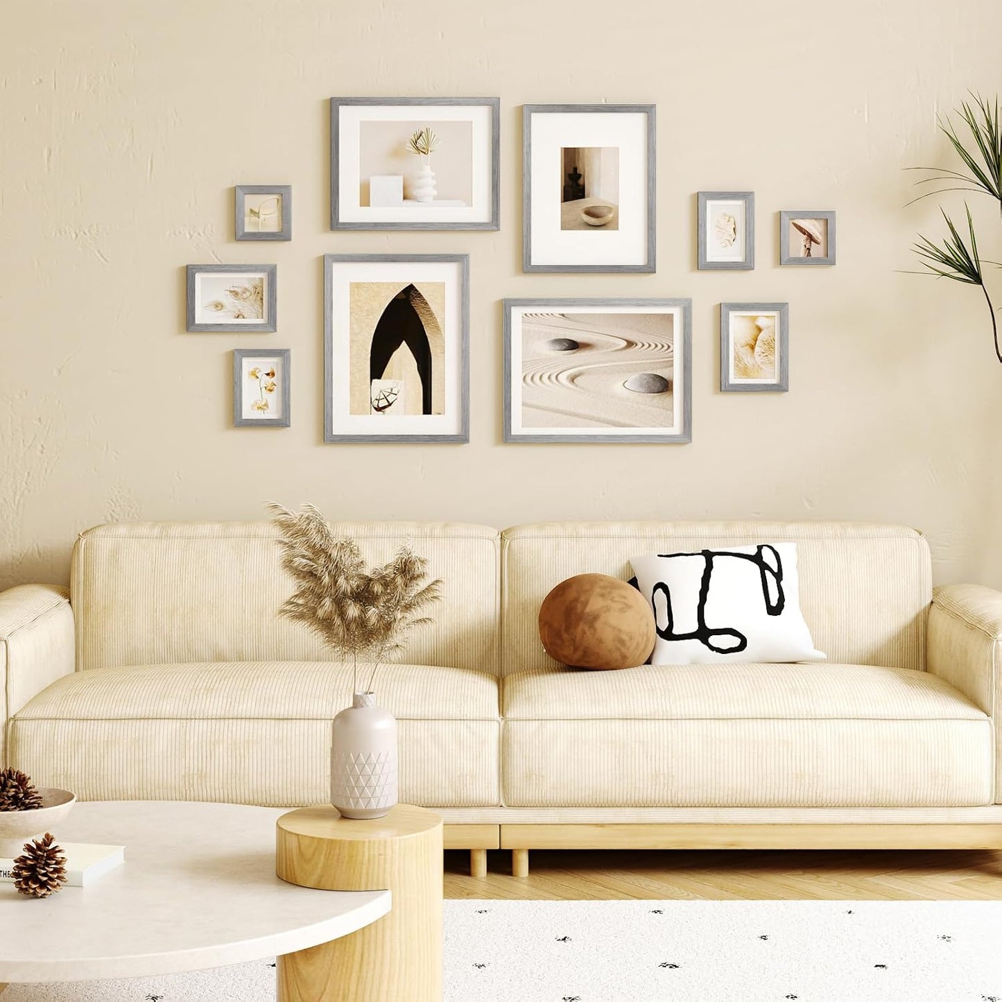 Egofine Picture Frame Set, Collage Wall & Tabletop Decor with Two Sizes - 12x16, 11x14, 5x7, 4x6, 4x4; Solid Wood, Plexiglass Cover, Oak Grey