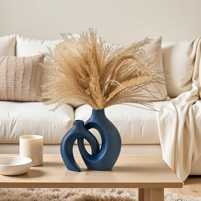 Snuggle Hollow Ceramic Vase Set of 2, Nordic Modern Boho ins Style Ceramic Aesthetic Flower Vases for Home Decor Living Room Coffee Table Decorative (Matte Navy Blue W 6.3" X H 8.4")