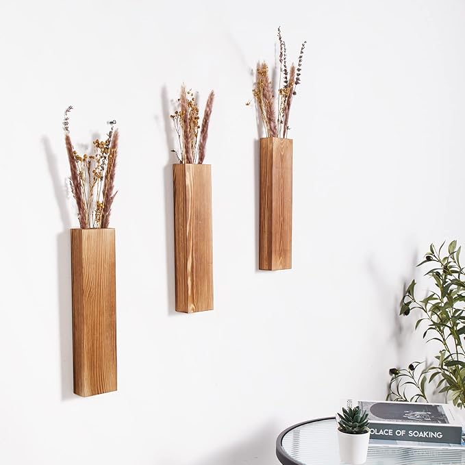 3-Pack Decorative Wood Wall Planters for Artificial Plant, Dried Flower Stems, 12" Slim Wood Wall Vases for Living Room, Bedroom, Bathroom, Apartment Decor