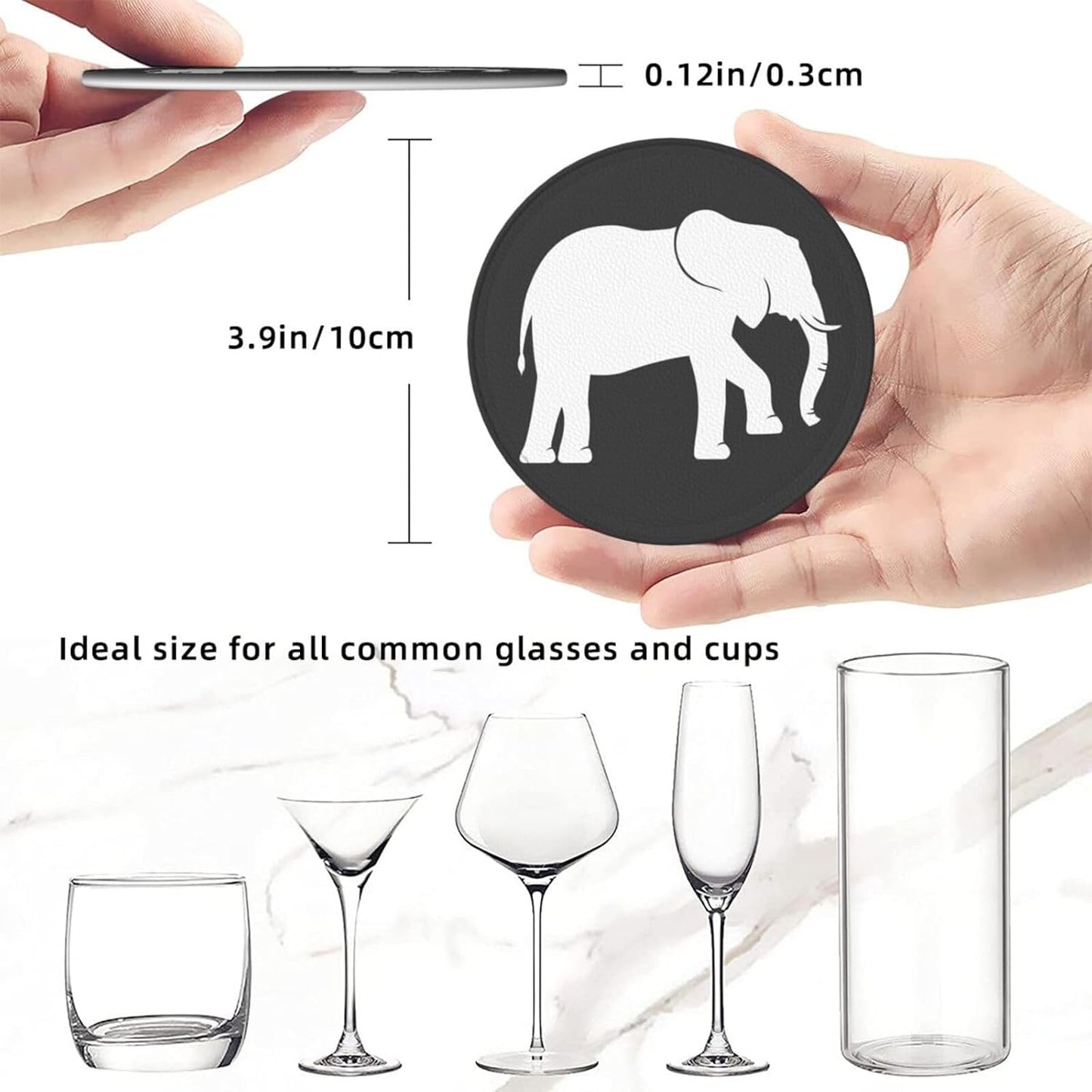 Black and White Elephant Leather Drink Coasters Set of 6 with Holder Round Cup Coaster for Table Decor