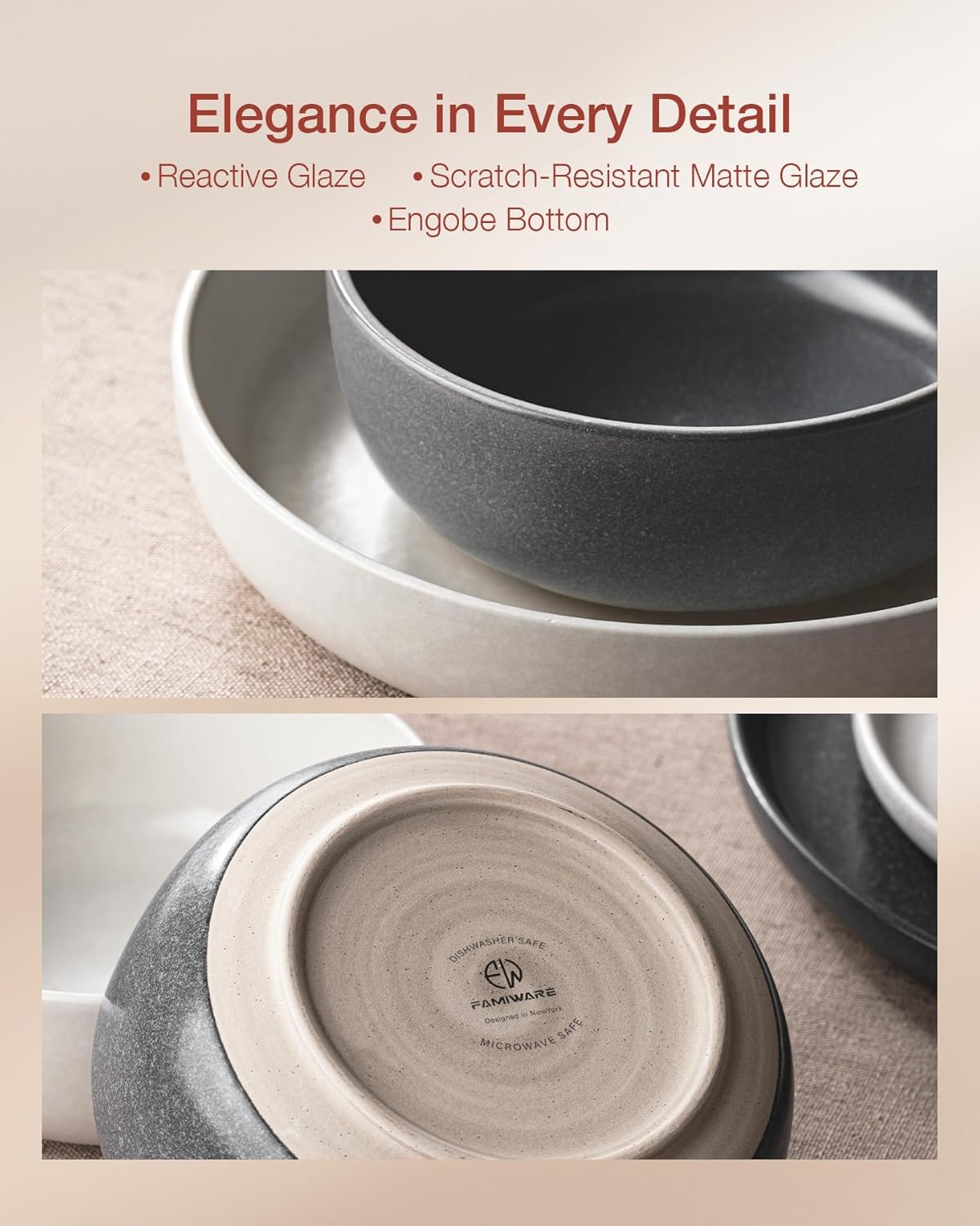 Famiware Milkyway Plates and Bowls Sets, 12 Pieces Dinnerware Sets, Reactive Glaze Dish Set, Stoneware Dishes Set for 4, Matte Beige White & Matte Dark Charcoal