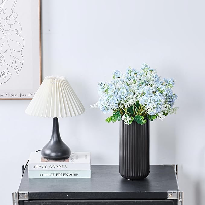 Black Ceramic Flower Vase for Pampas Grass, 8 inch Small Decorative Centerpiece Ribbed Vase for Dining Table, Office Desktop, Shelf Bookshelf, Mantel, Entryway, Bathroom, Countertop, Farmhouse, Gift