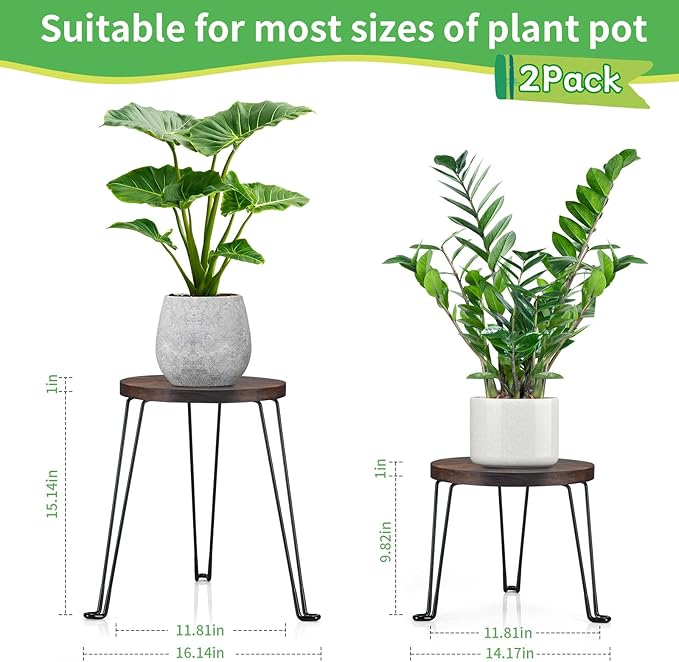 Yangbaga 2Pack Wooden Plant Stands Indoor,11.81IN Round Plant Stands with Metal Legs,Mid Century Plant Holder for Home Decor,Multi-purpose Plant Table for Living Room/Patio/Garden/Balcony/Office