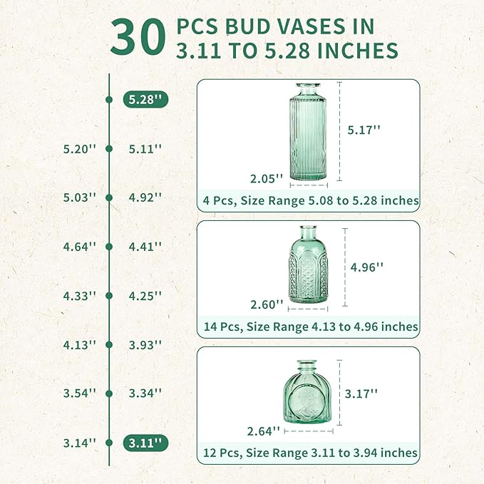 Glass Bud Vases in Bulk Set of 30 Pcs,Small Glass Vases for Flowers as Wedding Centerpieces for Tables,Clear Flower Vases Suitble for Wedding Decorations,Home Decor (Dark Green, 30 pcs)