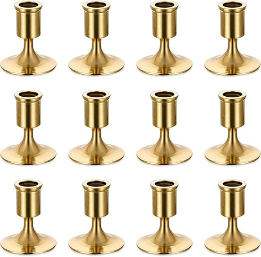 Sziqiqi Candlestick Taper Candle Holders - Gold Candle Stick Candle Holder Bulk Decorative Table Centerpiece for Wedding Reception Christmas Candlelight Dinner Bridal Showers Party Decor Pack of 12