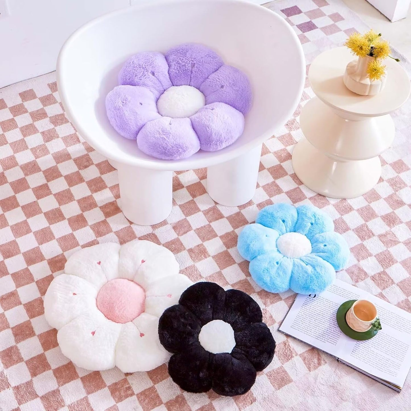 Flower Pillow, Cute Flower Shaped Decorative Pillow, Soft Rabbit Fur Daisy Pillow Home Decor Floor Seating Cushion for Bedroom Living Room (Blue 14.9 Inch)