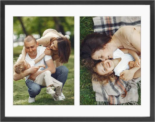 Frametory - 8.5x11 Aluminum Collage Picture Frame - Display 5x7 Pictures with 2 Openings Mat - Real Glass Front - With Easel Stand for Horizontal/Vertical Wall Mount - Black 1 Pack