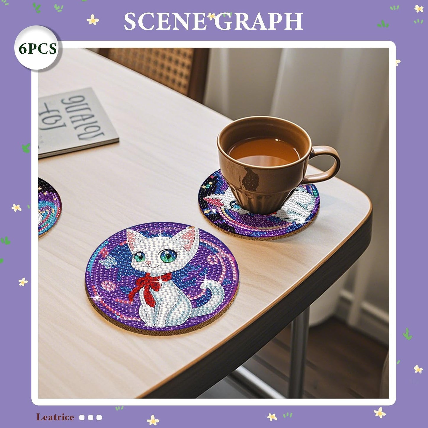 Leatrice 6PCS Cat Diamond Art Coasters Small Diamond Painting Kits for Adults Diamond Dots Round Full Drill Diamond Coasters with Holder Easy Art Crafts for Beginners Women