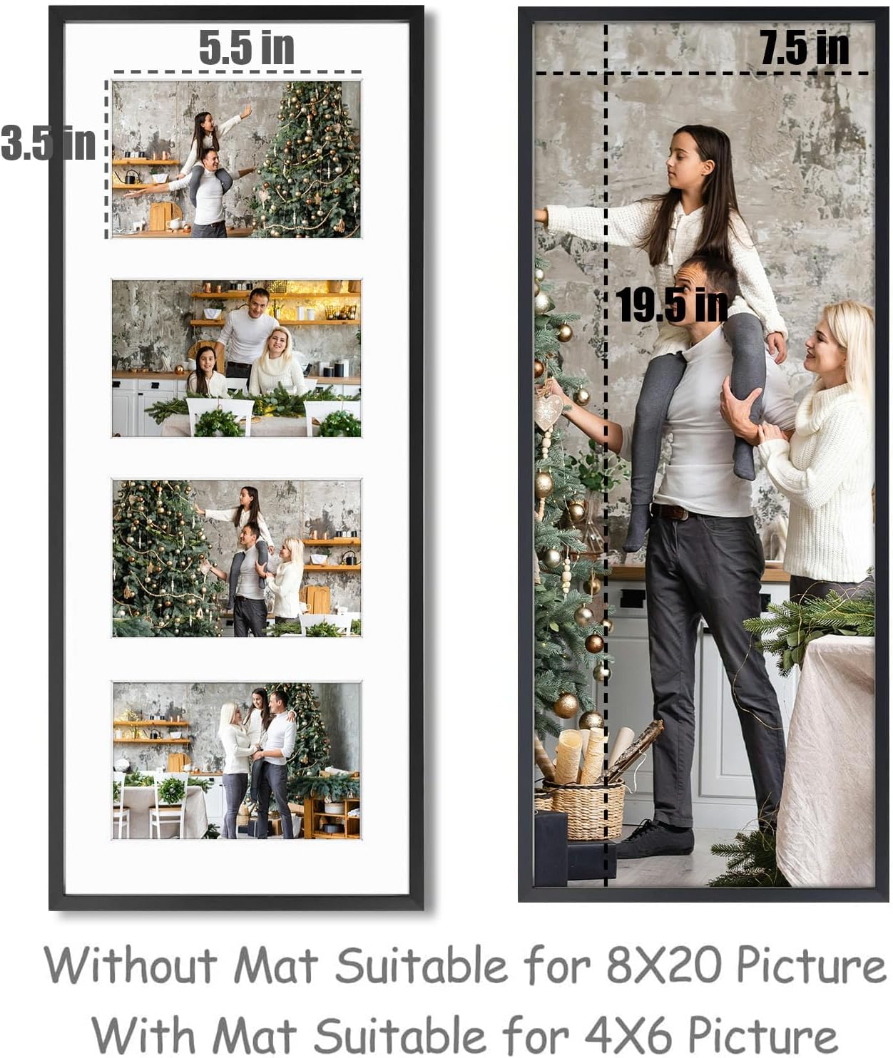 Frametory - 8x20 Aluminum Collage Picture Frame - Display 4x6 Pictures with 4 Openings Mat - Real Glass Front - Horizontal/Vertical Wall Mount - Black 1 Pack