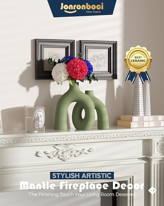 Hug Donut Decorative Vase Set - Sage Green Modern Nordic Boho Style Vases Home Decor,Matte Ceramic Decorations for Living Room Shelf, Bookshelf Mantle Entryway Table or Console Décor(Green)