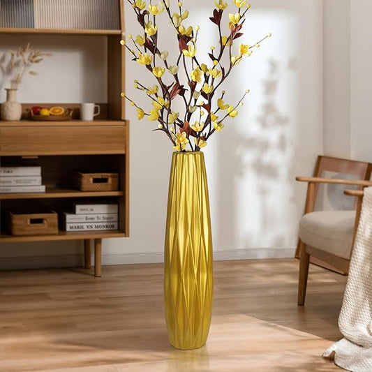 Gold Ceramic Tall Floor Vase,17.7 Inch Large Modern Flower Vases for Home Décor,Wicker Big Floor Vase Decorations for Farmhouse, Living Room,Bedroom,Standing Plastic Vase Decorative Tall