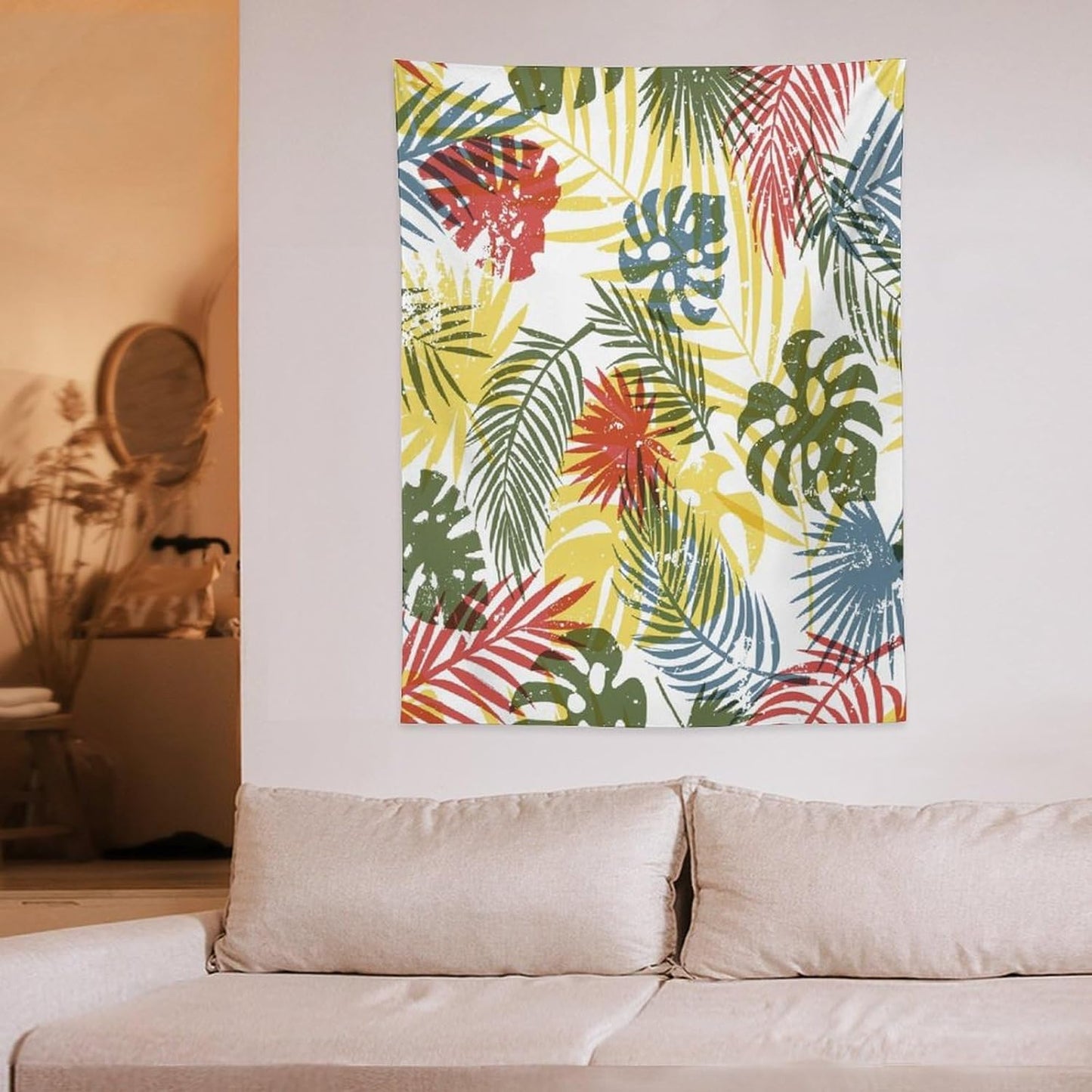 ICMOLYYENLO Boho Green Leaves Tapestry, Mid Century Abstract Tropical Palm Leaves Modern Minimalist Geometric Wall Hanging, Neutral Home Decor Art for Living Room Bedroom Dorm 50x60 Inch