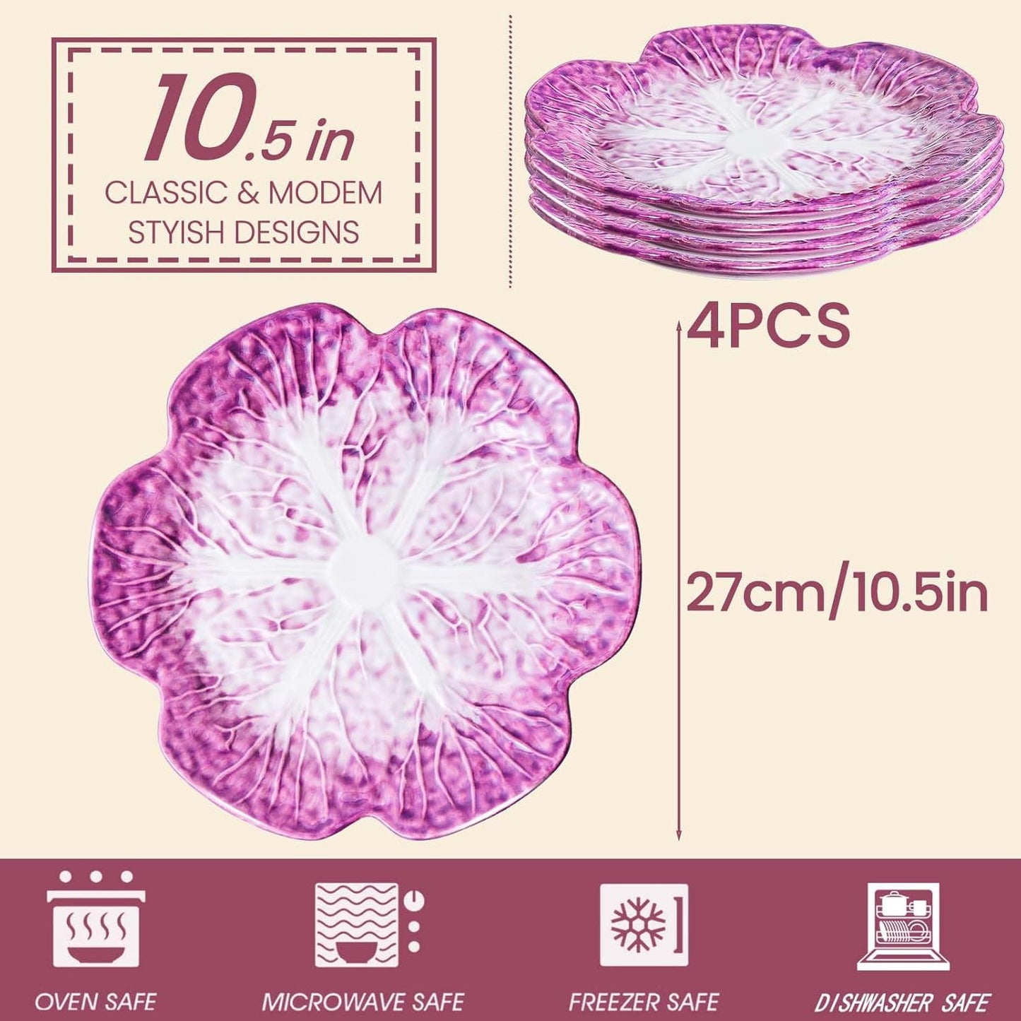 KXZ Set of 4 Purple Ceramic Salad Plate, 10.5 Inch Porcelain Decorative Plates for Kitchen, Round Appetizer Bowl for Dessert, Decorative, Dinner, Pancakes, Steak