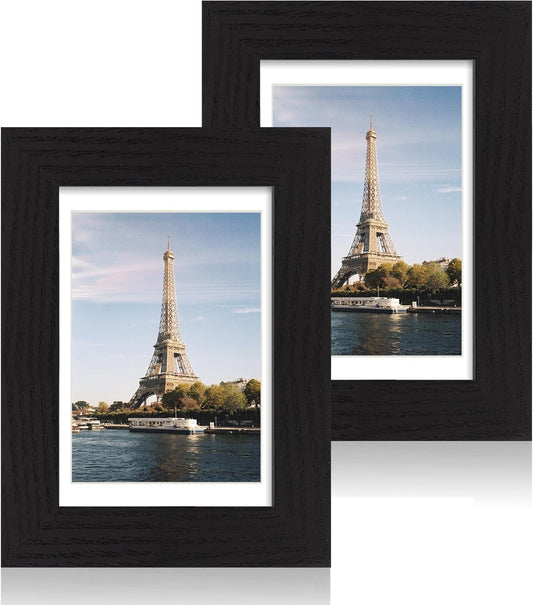 iRahmen 4x6 Picture Frame Set of 2, Black Wood Photo Frame with High Definition Glass, Display Pictures 3.5x5 with Mat or 4 x 6 Without Mat for Tabletop and Wall Mounting