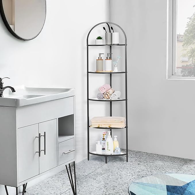 Homhedy 5-Tier Corner Shelf Stand, Metal Corner Bookshelf, Tempered Glass Shelves, Bathroom Storage Rack Shelf, Plant Stand, Modern Style, Black