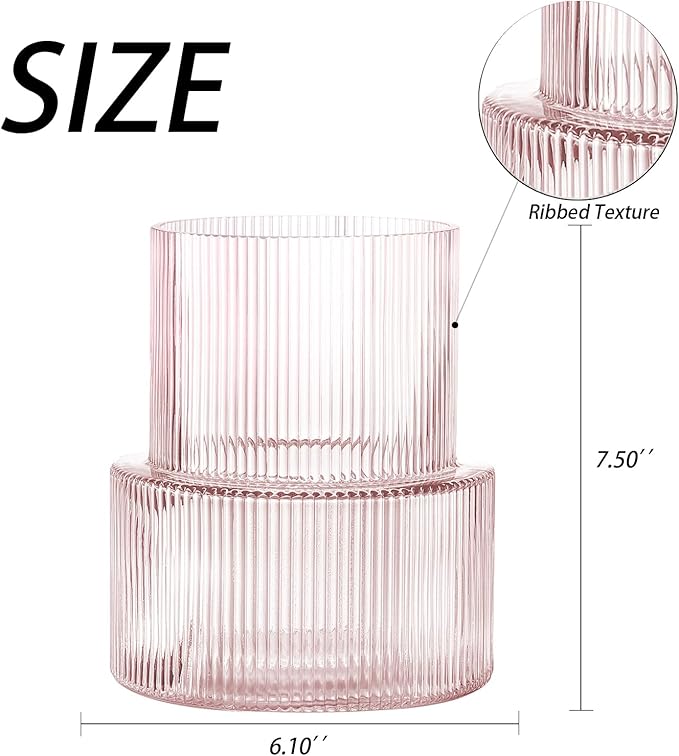 Pink Glass Vase, Ribbed Glass Vase for Tulips, Flower Vases for Bouquet, Pink Modern Vases for Living Room, Dining Table, Entryway, Mantle, Shelf, Wedding, Office, 7.5 Inches