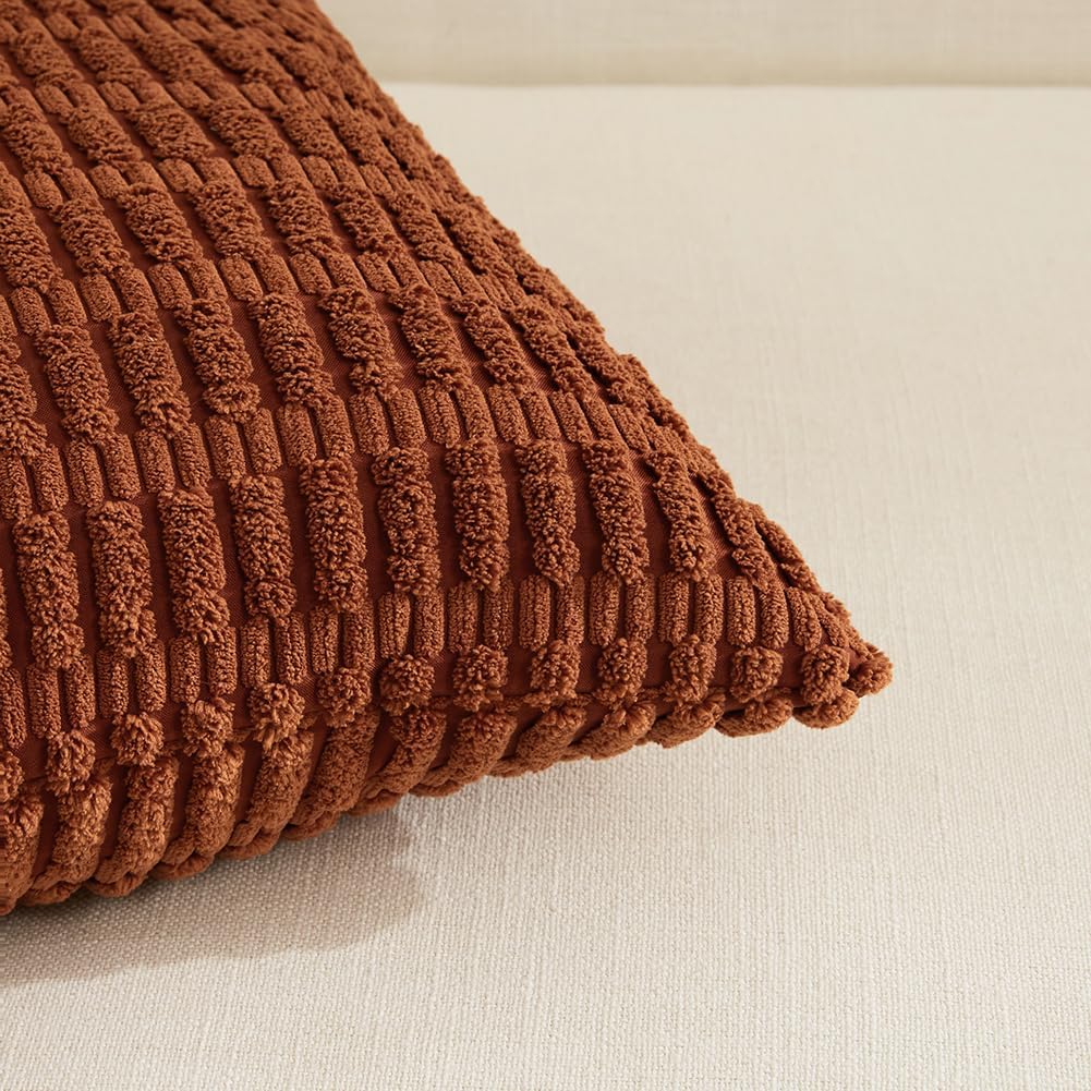 Fancy Homi 4 Packs Rust Decorative Throw Pillow Covers 26x26 Inch for Living Room Couch Bed Sofa, Terracotta Rustic Farmhouse Boho Home Decor, Soft Plush Striped Corduroy Square Cushion Case 66x66 cm