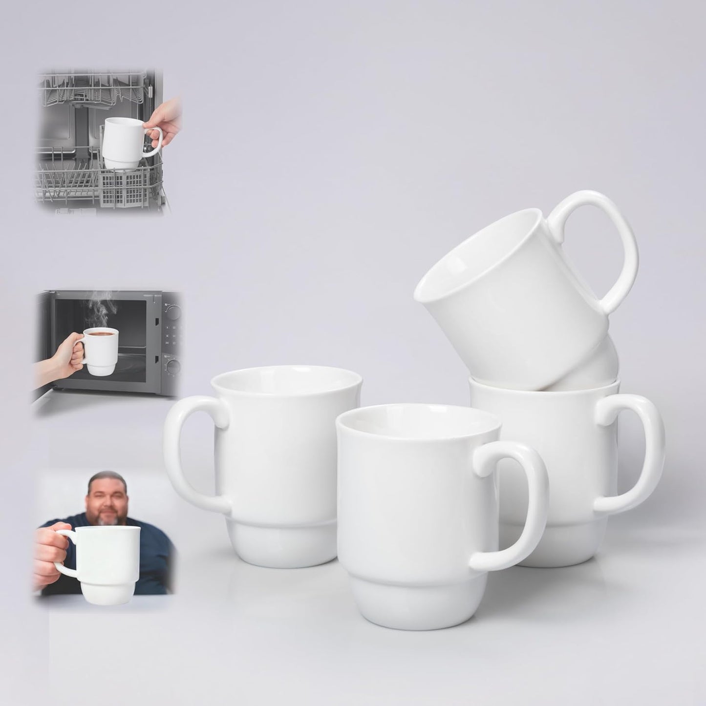 Coffee Mugs Set of 4 – 16 oz Porcelain Ceramic Mugs with Handle, Stackable Non-Toxic & Lead Free, Microwaveable Latte Cups for Kitchen, Tea & Cappuccino White