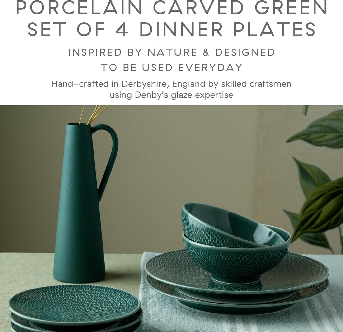 Denby - Carved Green Dinner Plates Set of 4-10.8 Inch - Dishwasher Microwave Oven Safe - Large Uniquely Textured Porcelain Dinner Plate - Scratch Chip Resistant