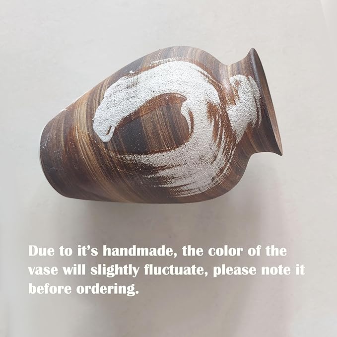 Rustic Brown Vase - 10" Handmade Brown and White Farmhouse Terracotta Vase, Unique Boho vase, Decorative Neutral Vases Home Decor, Vintage Ceramic Flower vases for Living Room, Kitchen Decor