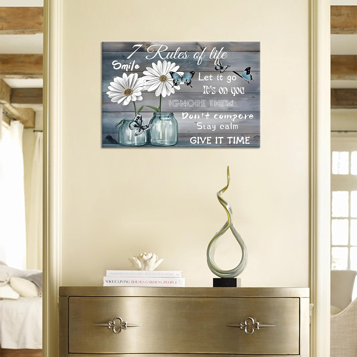 Inspirational Canvas Wall Art Office Decor Poster Print Motivational Quotes Rustic Daisy Butterfly Picture Painting Artwork for Modern Home Bedroom Women Room Bathroom Ready to Hang [18''Wx12''H]