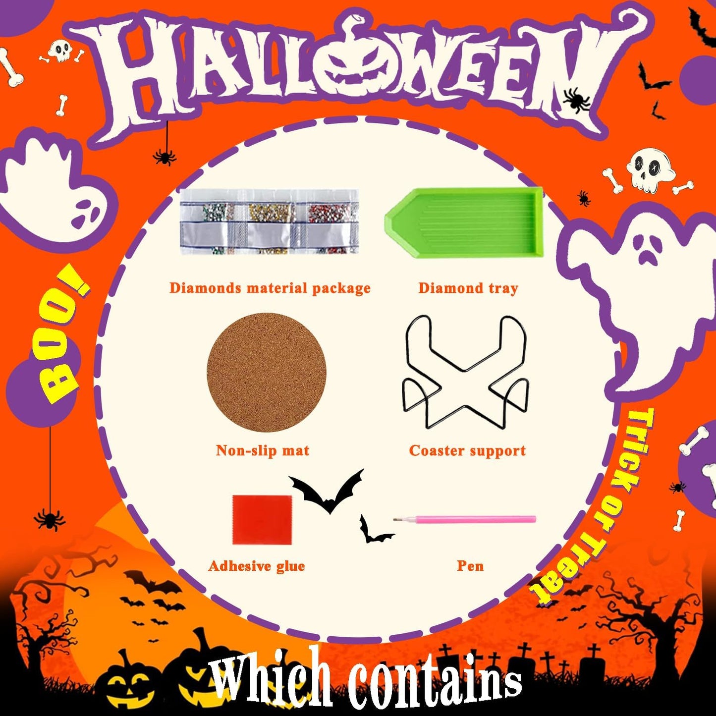 Leatrice 8PCS Halloween Diamond Art Coasters Set Small Diamond Painting Kits for Adults Beginners Women Round Full Drill Diamond Coasters with Holder Funny Arts Supplies for Party