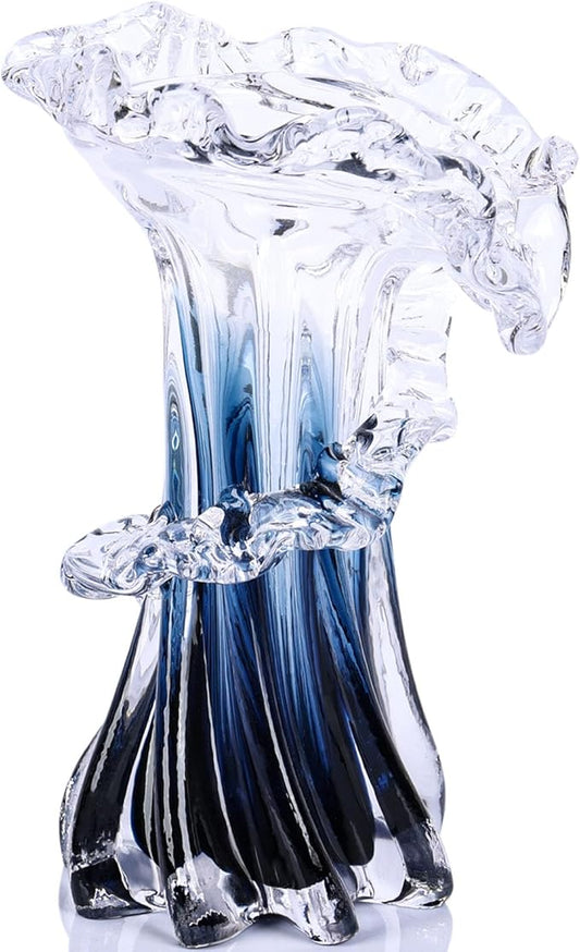 Blue White Clear Wave Vases Gradient, Murano Hand Blown Glass Vase Unique Art Decorative, for Ocean Themed Coastal Home Centerpiece Modern Office Entrance Table Creativity