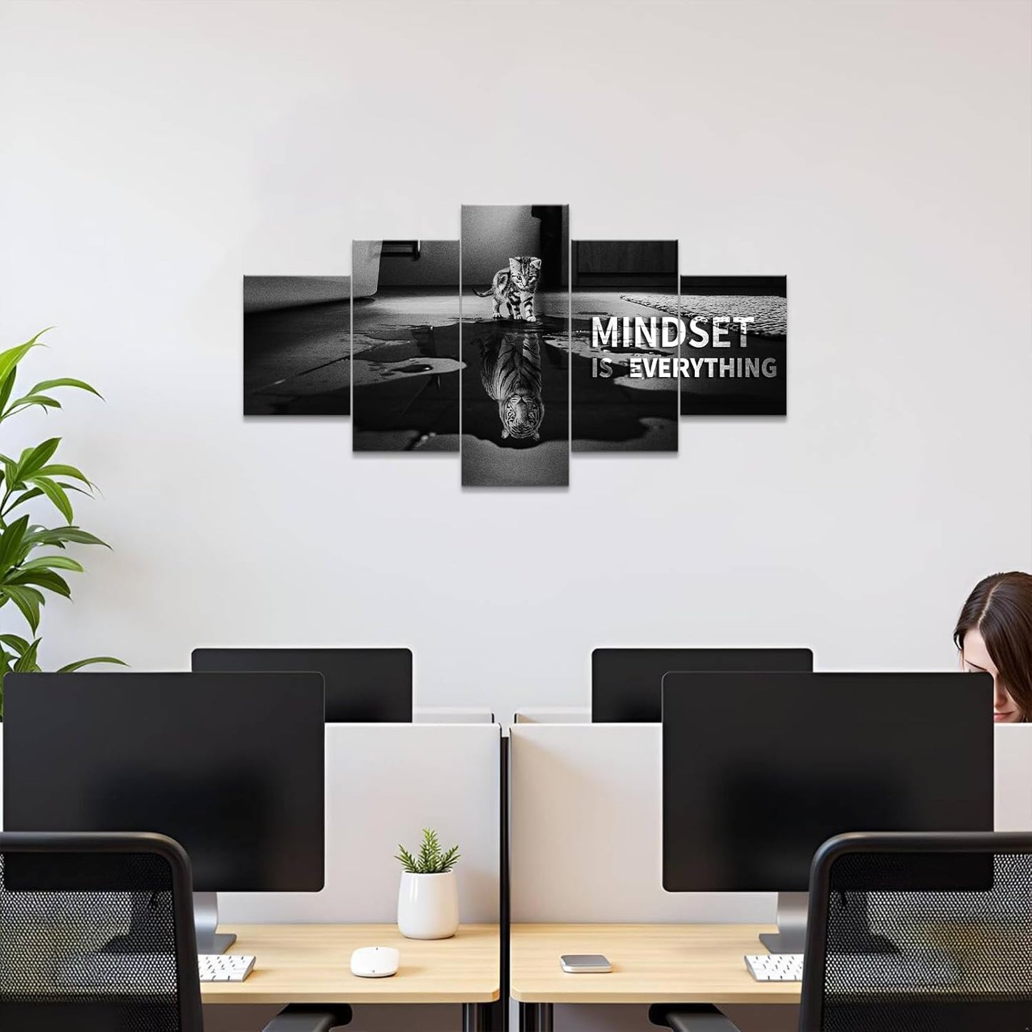 Mindset is Everything 5 Pieces Motivational Tiger Wall Art with Wooden Frame, Inspirational Quotes Poster for Office & Home Decor, Modern Motivational Wall Decor, Positive Office Art (50''W x 24''H)