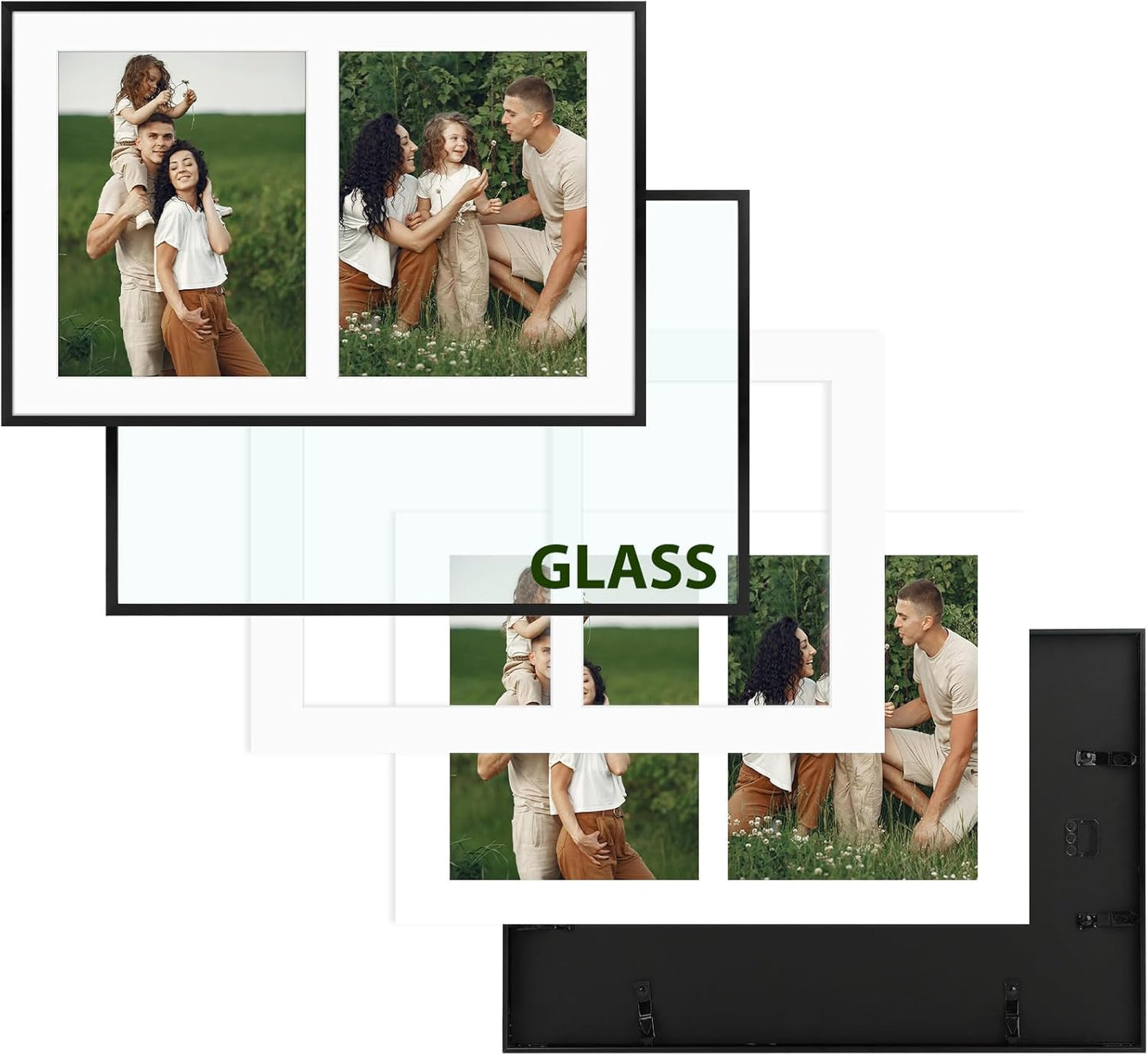 Frametory - 12x19 Aluminum Collage Picture Frame - Display 8x10 Pictures with 2 Openings Mat - Real Glass Front - Horizontal/Vertical Wall Mount - Black 1 Pack