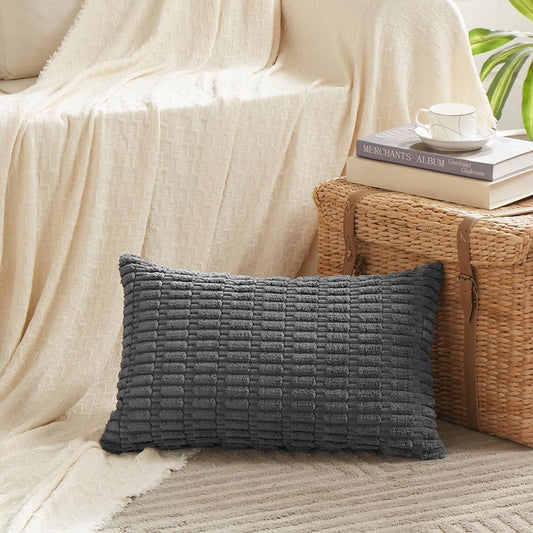 Fancy Homi Dark Grey Lumbar Decorative Throw Pillow Covers 12x24 Inch for Living Room Couch Bed Sofa, Rustic Farmhouse Boho Home Decor, Soft Striped Corduroy Rectangle Cushion Case 30x60 cm
