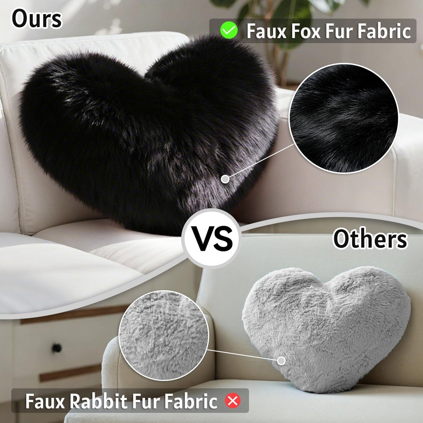 Black Heart Pillow, Faux Fox Fur Heart Decorative Pillows, Heart Shaped Throw Pillow for Bed, Soft Fluffy Decorative Cushion for Chair Sofa Living Room - Plush Pillow Home Decor