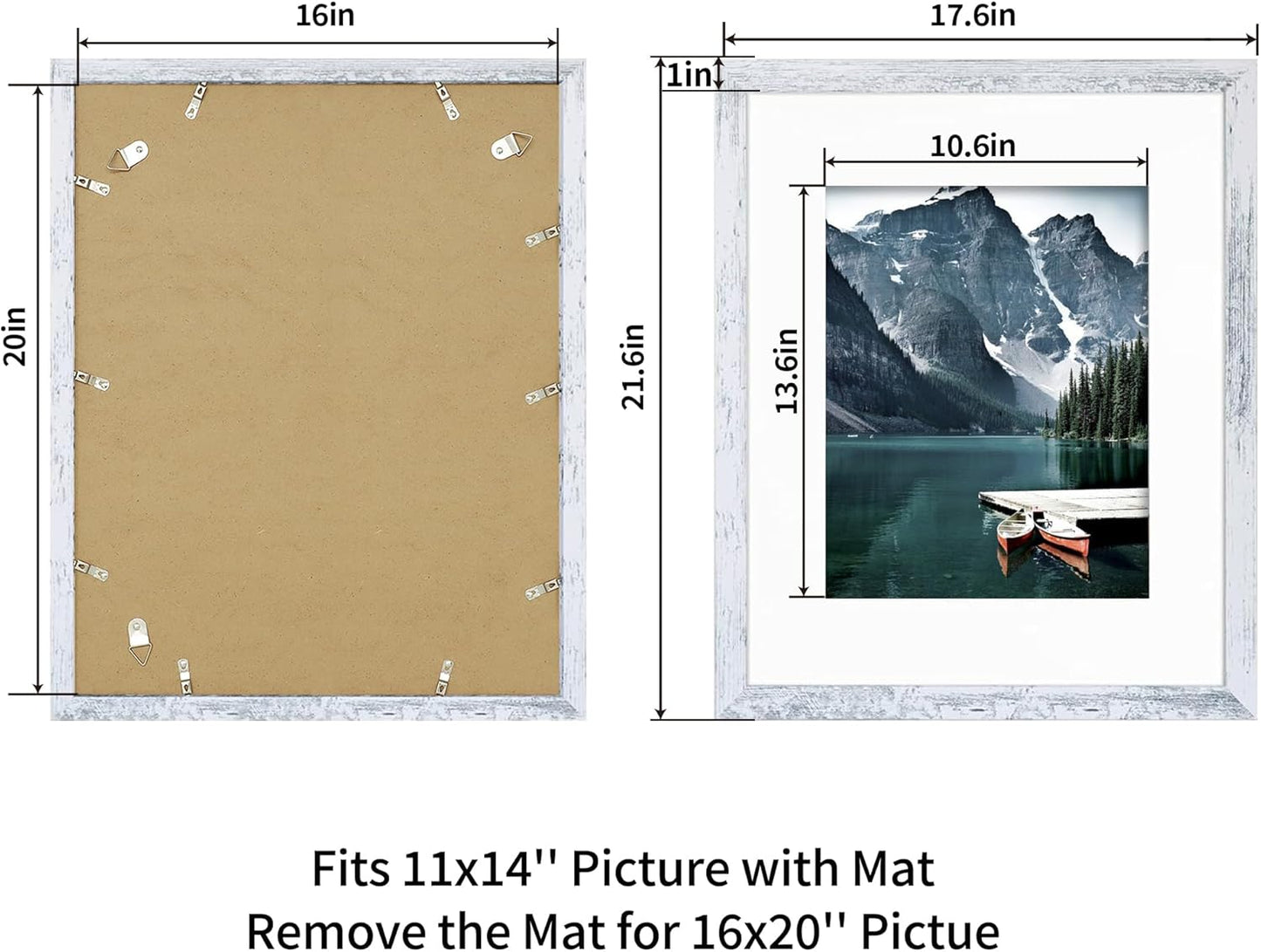 iRahmen 16x20 Picture Frame Set of 2 with Plexiglass, Distressed White Wood Poster Frame Display Pictures 11x14 with Mat or 16 x 20 Without Mat for Photo Wall Mounting