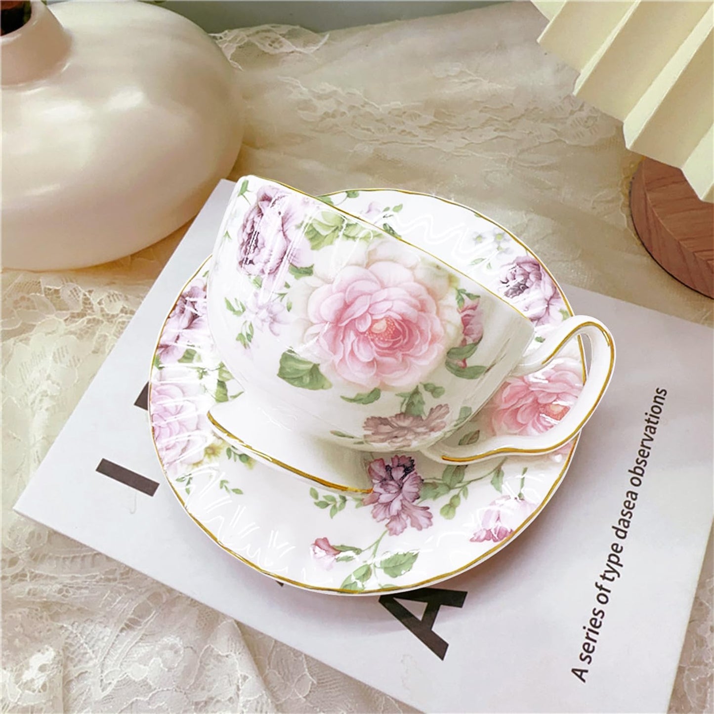 fanquare Porcelain Tea Cup and Saucer Set, Vintage Floral Coffee Mug, 5 Ounces Bone China Tea Cup with Gold Trim, Elegant British Tea Cups