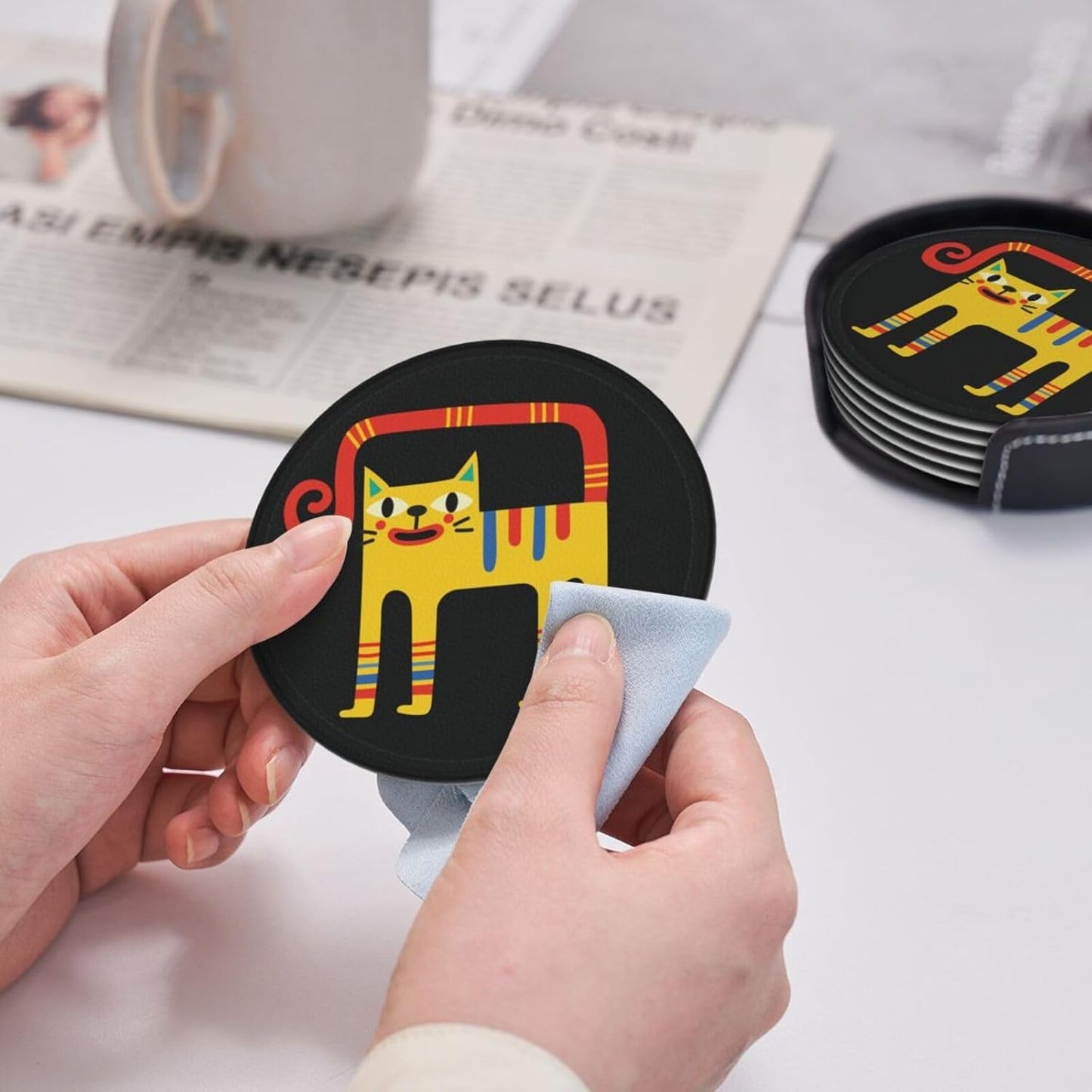 Cute Colorful Cat Leather Drink Coasters Set of 6 with Holder Round Cup Coaster for Table Decor