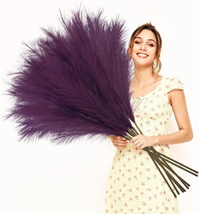 35" Faux Pampas Grass Decor, 8pcs Large Tall Fluffy Artificial Pompous Grass Branches Floral Fake Pompas Grass Bulrush Floor Vase Filler Flower Arrangement for Home Wedding Boho Decor, Purple