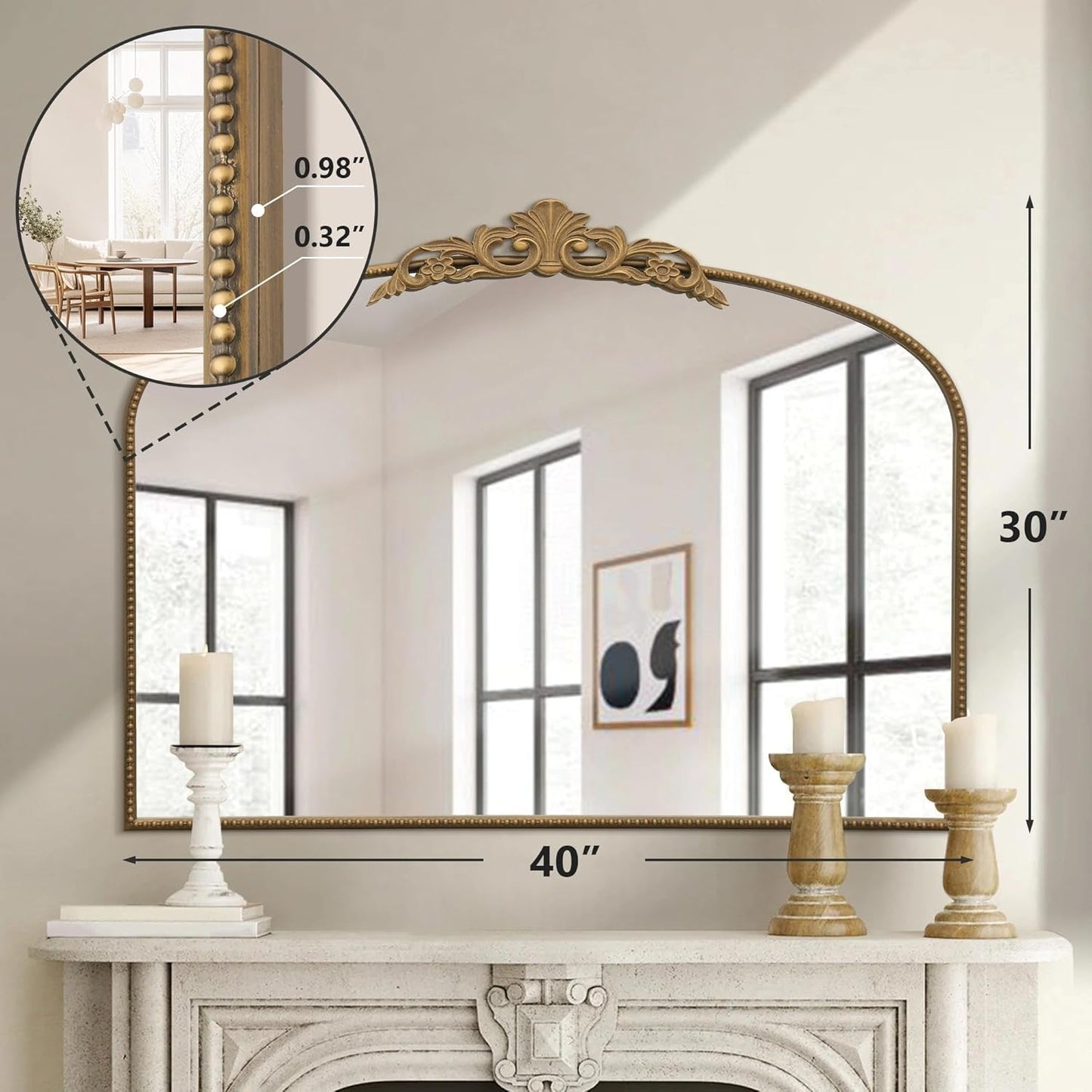 Micasso Large Gold Antique Mirror: 40"x 30" French Baroque Arched Mirror - Traditional Ornate Vintage Mirrors for Wall/Mantel/Entryway/Bathroom/Hallway - Home Decor for Living Room