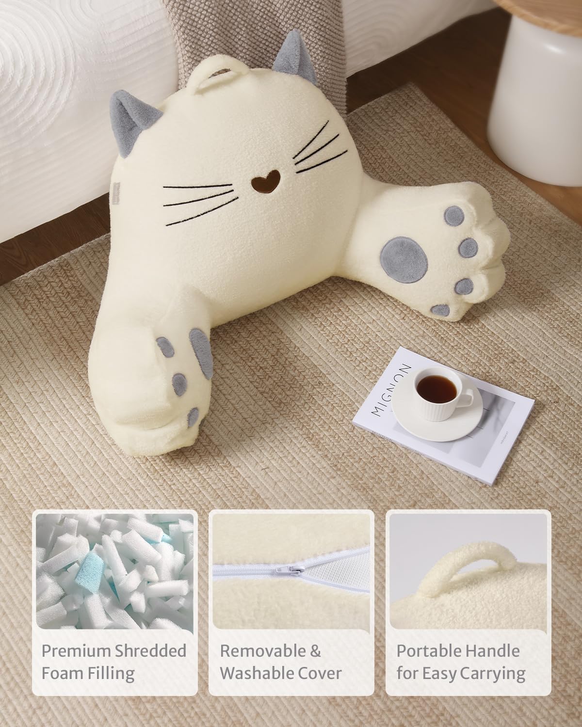 Blissful Diary Kitty Reading Pillow for Kids/Teens/Adults, Back Pillow for Sitting Up in Bed with Shredded Memory Foam, Bed Rest Pillow with Arms, Back Support Pillow with Washable Cover (Off White)