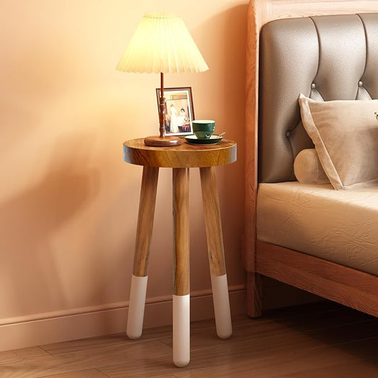 Teak 11.8" Round Dip Dyed Teak Stool | Wood Accent Side Table | Wood Plant Stand (20" Tall White)