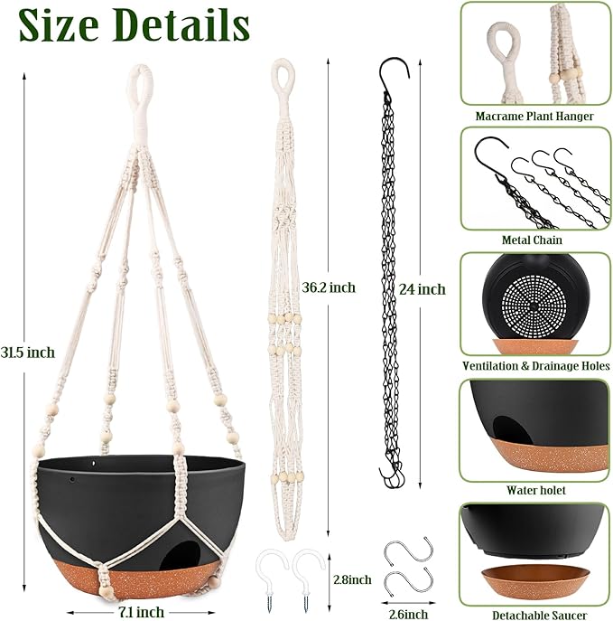 Hanging Planters for Outdoor Indoor Plants, 2 Pack 12 Inch Hanging Basket Plants Outdoor, Self Watering Hanging Planter with Plant Hanger for Garden Home Decoration (2 Type Plant Hangers Black)