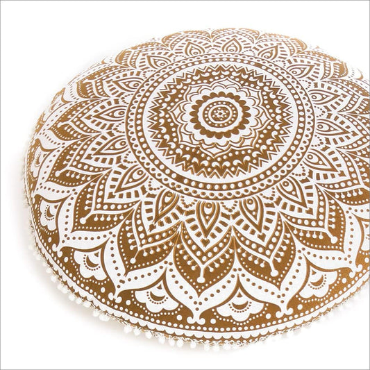 Eyes of India - 32" Brown White Floor Meditation Pillow Cushion Seating Throw Cover Hippie Mandala Round Colorful Decorative Bohemian Accent Indian Boho Chic Dog Bed Handmade Cover ONLY