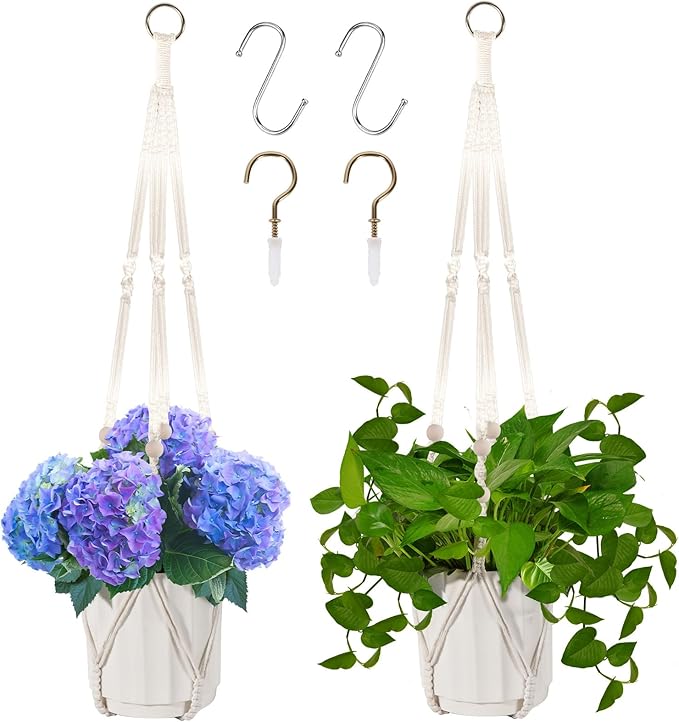 Macrame Plant Hanger, Hanging Planter Basket with Wood Beads, Decorative Boho Flower Pot Holder for Indoor and Outdoor, Ivory, 35 Inch Set of 2 (POTS NOT Included)