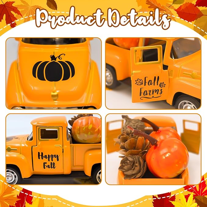 Thanksgiving Fall Decorations Indoor Farmhouse Vintage Metal Truck with Mini Fake Pumpkins Acorn Pine Cones Harvest Decor for Fall Tiered Tray Thanksgiving Centerpieces for Table Home Kitchen Party