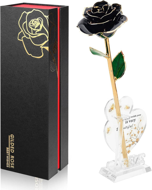 Gold Dipped Infinity Rose Last Forever Flower Decor, Birthday Gift for Women in Her Birthday Mothers Day, Resin Preserved Rose | Anniversary Present for Mom (Black)