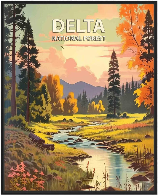 Delta National Forest Poster Art Print Retro Mountain Wall Art Poster Vintage Decor Nature Recreation Wilderness Wildlife Decoration, Outdoor Adventure Scenic Beauty Artwork. (Delta National Forest,