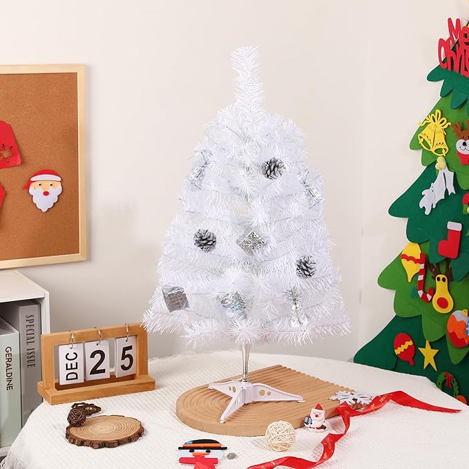 2FT Artificial Christmas Tree White Tabletop Christmas Tree with Plastic Stand Mini Xmas Pine Tree for Party Supplies Indoor Outdoor Holiday Home Decoration(White)