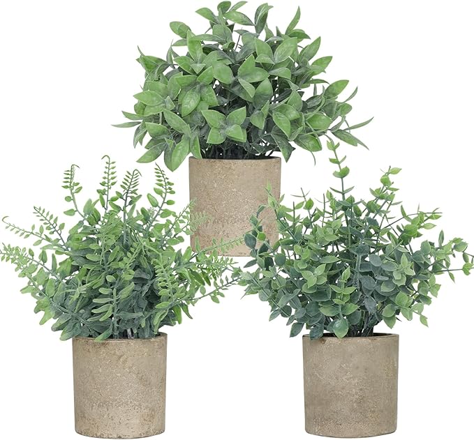 3 Pack Small Fake Plants, Artificial Eucalyptus, Boston Fern & Boxwood Leaves with Gray Paper Pulp Pots, Small Potted Faux Greenery for Home Decor, Bathroom, Shelf, Indoor&Outdoor Decoration