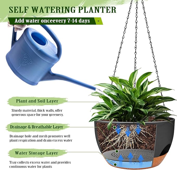 Hanging Planters for Outdoor Indoor Plants, 2 Pack 12 Inch Hanging Basket Plants Outdoor, Self Watering Hanging Planter with Plant Hanger for Garden Home Decoration (Black, 10 inch)